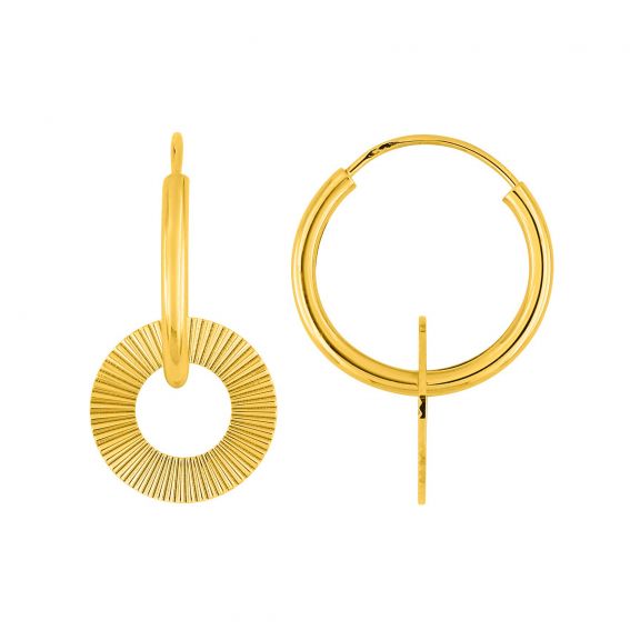 Bijoux or et personnalisé 9 carat yellow gold striated disc hoop earrings