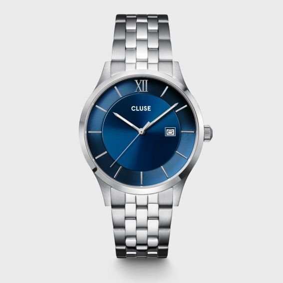 Cluse Aravis horloge met 3 wijzers, blauw, zilverkleur