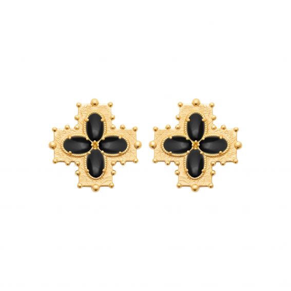 Bijou argent/plaqué or Black agate cross earring