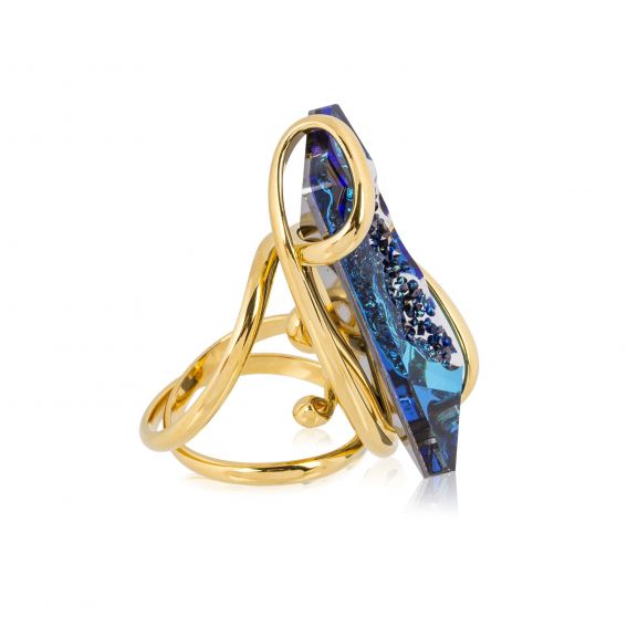 Andrea Marazzini - Bague cristal SwarovskiBig Moondust Bermuda Blue doré