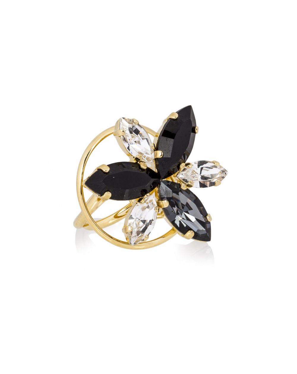 Andrea Marazzini - Bague Cristal Swarovski  Navette Noir/Blanc doré