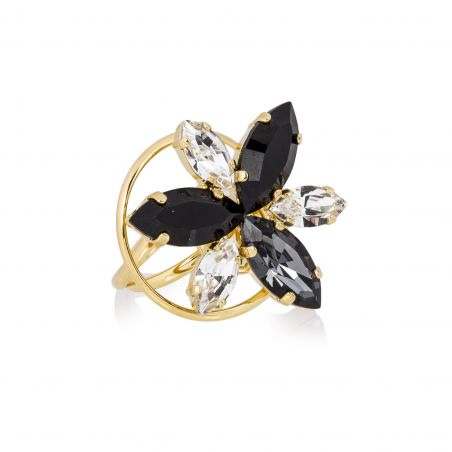 Andrea Marazzini - Bague Cristal Swarovski  Navette Noir/Blanc doré